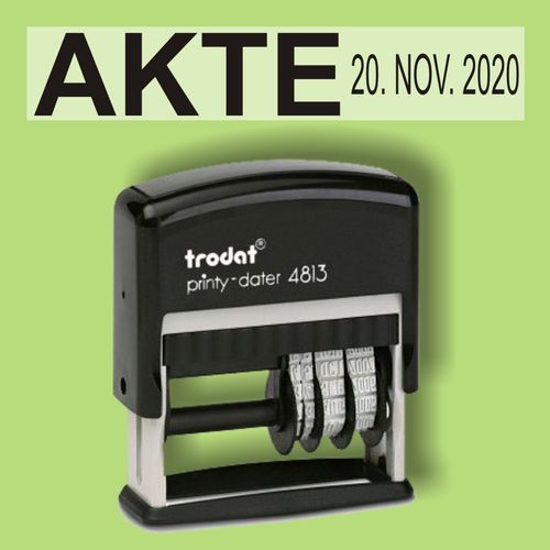 "Akte" Bürostempel Textplatte mit Trodat Datumstempel in verschiedenen Farben