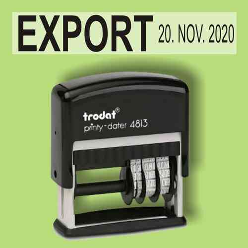 "Export" Bürostempel Textplatte mit Trodat Datumstempel in verschiedenen Farben
