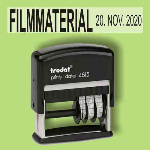 "Filmmaterial" Bürostempel Textplatte mit Trodat Datumstempel in verschiedenen Farben