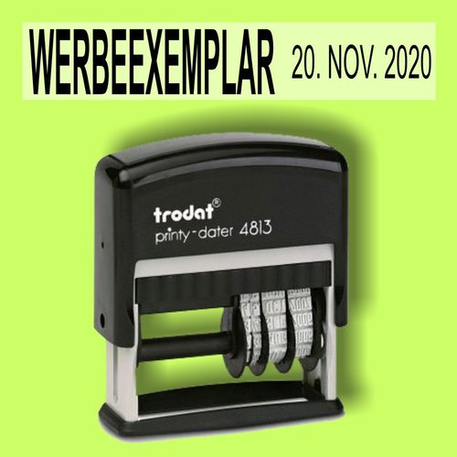 WERBEEXEMPLAR - Bürostempel Textplatte mit Trodat Datumstempel in verschiedenen Farben