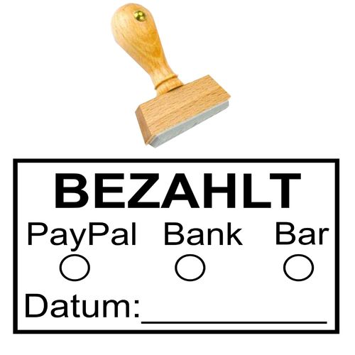 Holz Stempel Bürostempel BEZAHLT zum Ankreuzen Datum Buchungsstempel Zahlung Bank Bar 55x30mm