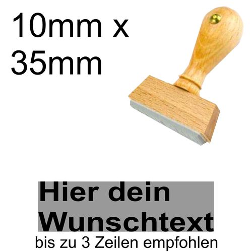 Holzstempel 10x35mm mit Textplatte - Dein Wunschtext - Arial fett - Linksbündig