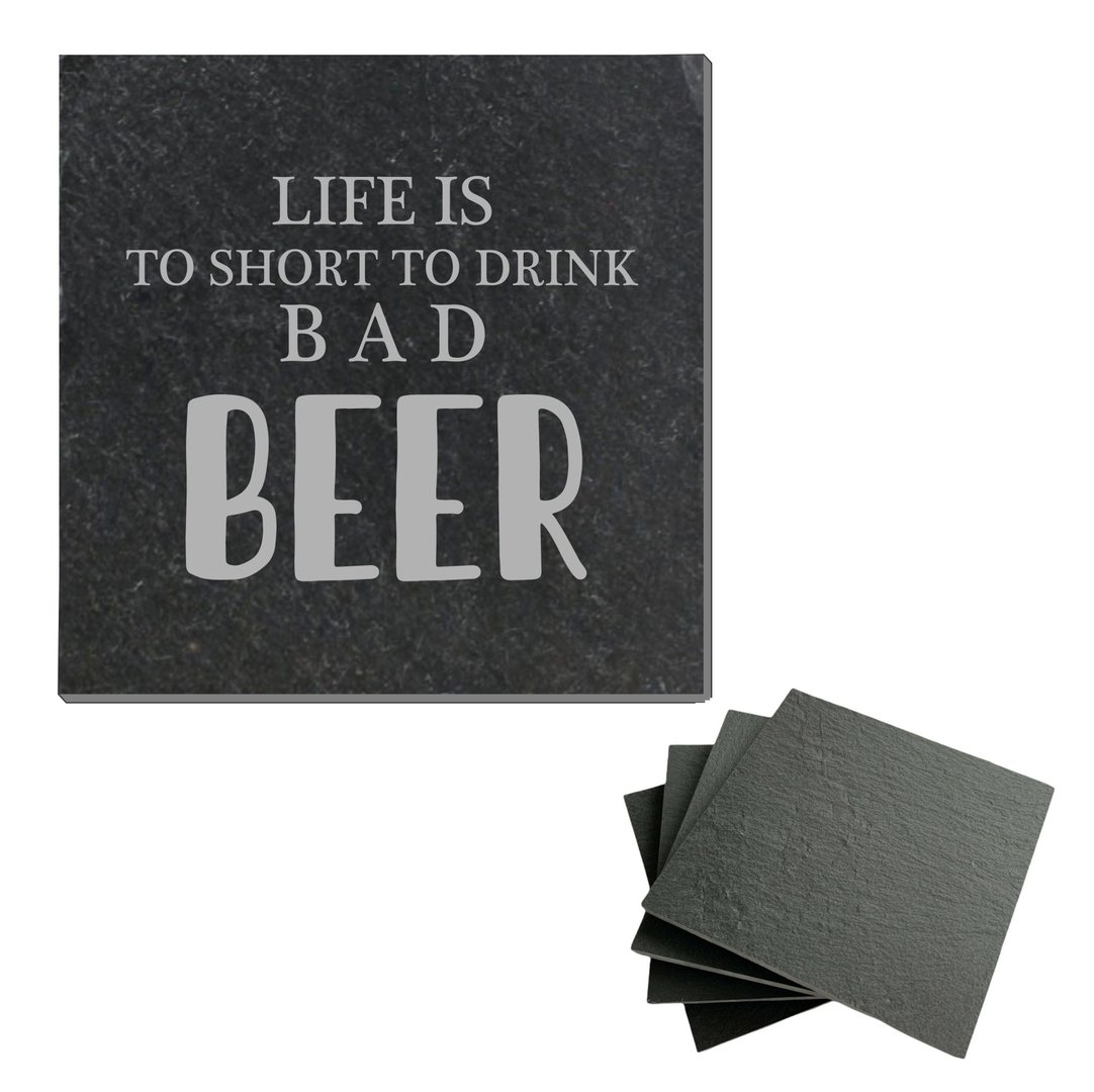 LIFE IS TO SHORT TO DRINK BAD BEER Schiefer Untersetzer mit Gummifüßen, eckig, 10 x 10 cm