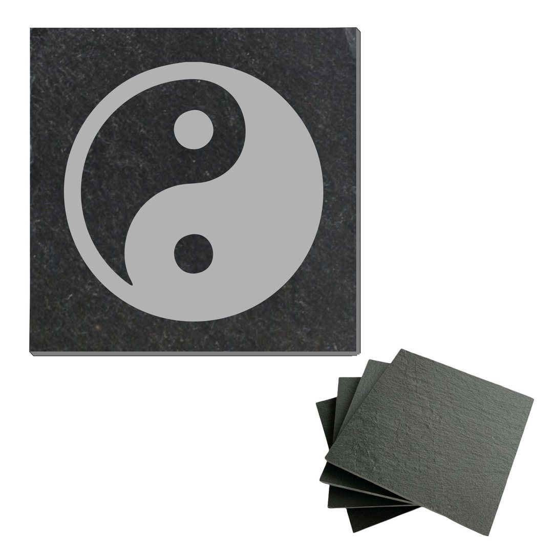 Yin und Yang Schiefer Untersetzer mit Gummifüßen, eckig, 10 x 10 cm