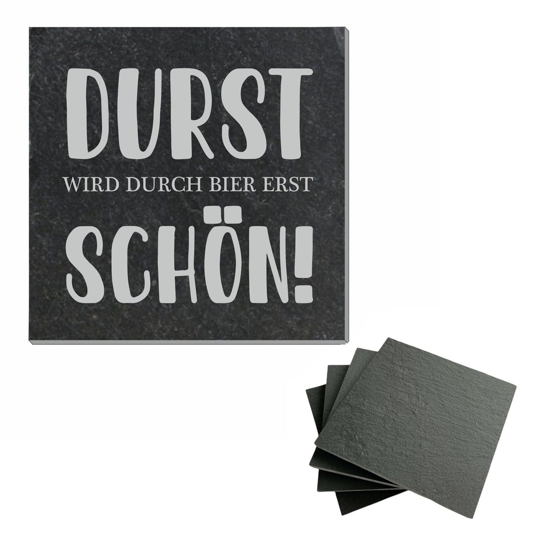 DURST WIRD DURCH BIER ERST SCHÖN Schiefer Untersetzer mit Gummifüßen, eckig, 10 x 10 cm