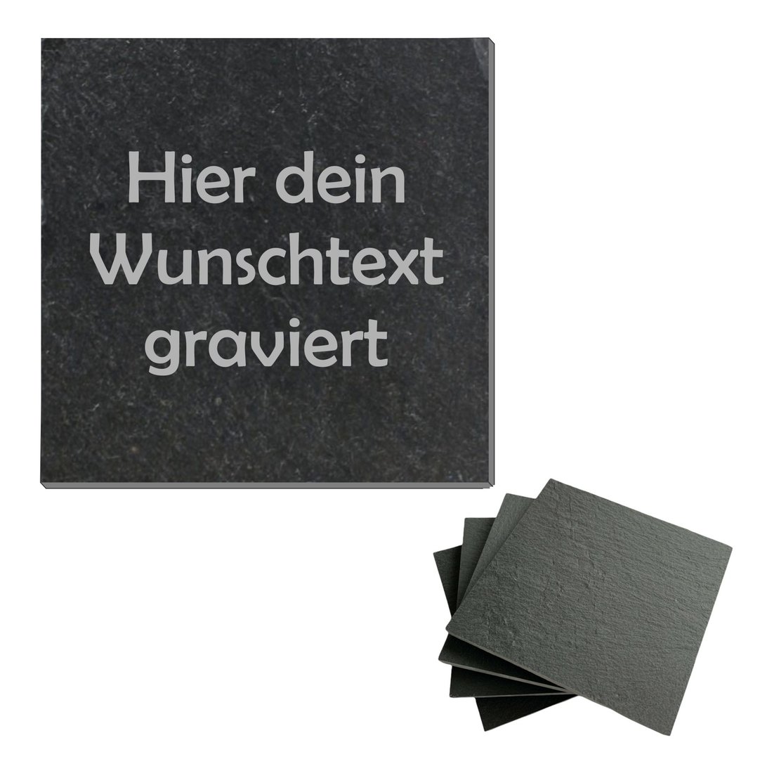 Wunschtext Schiefer Untersetzer mit Gummifüßen, eckig, 10 x 10 cm
