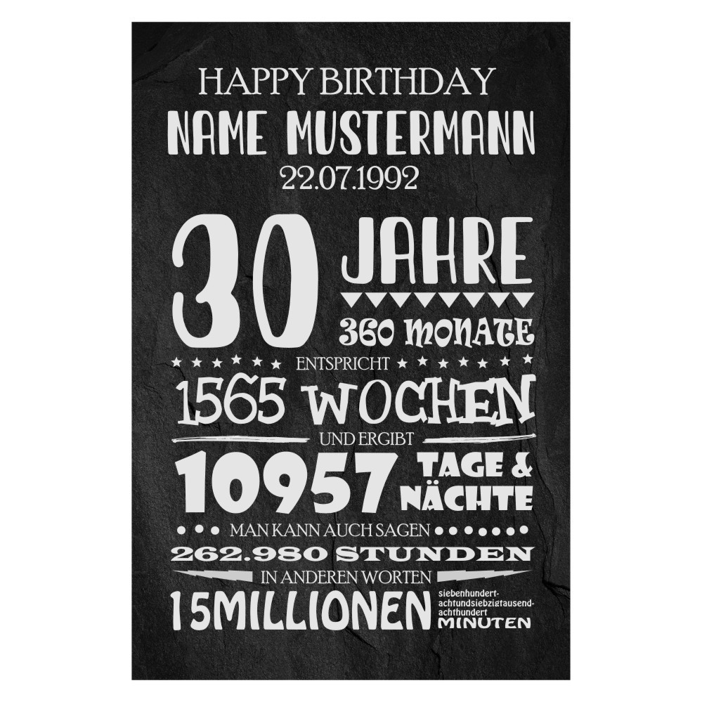 30. Geburtstag WUNSCHNAME & DATUM Personalisiert Geburtstag Tafel aus Schiefer graviert 20x30cm