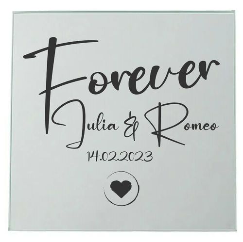 Forever Love Herz mit Wunschname & Datum Spiegelkachel 15x15cm Silber oder Bronze
